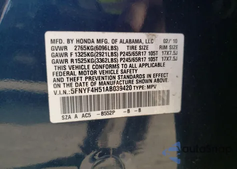 2010 Honda Pilot Exl z USA, uszkodzony, nr VIN 5FNYF4H51AB039420